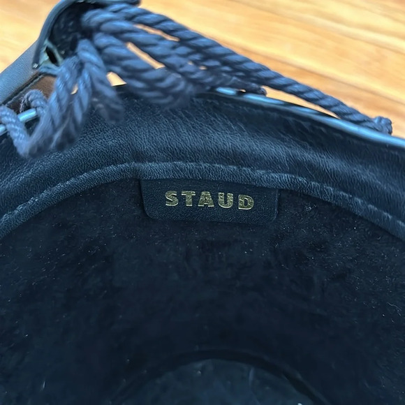 STAUD Black Moreau Leather Woven Bucket Mini Bag | Designer Minimalist Chic - Picture 2 of 7